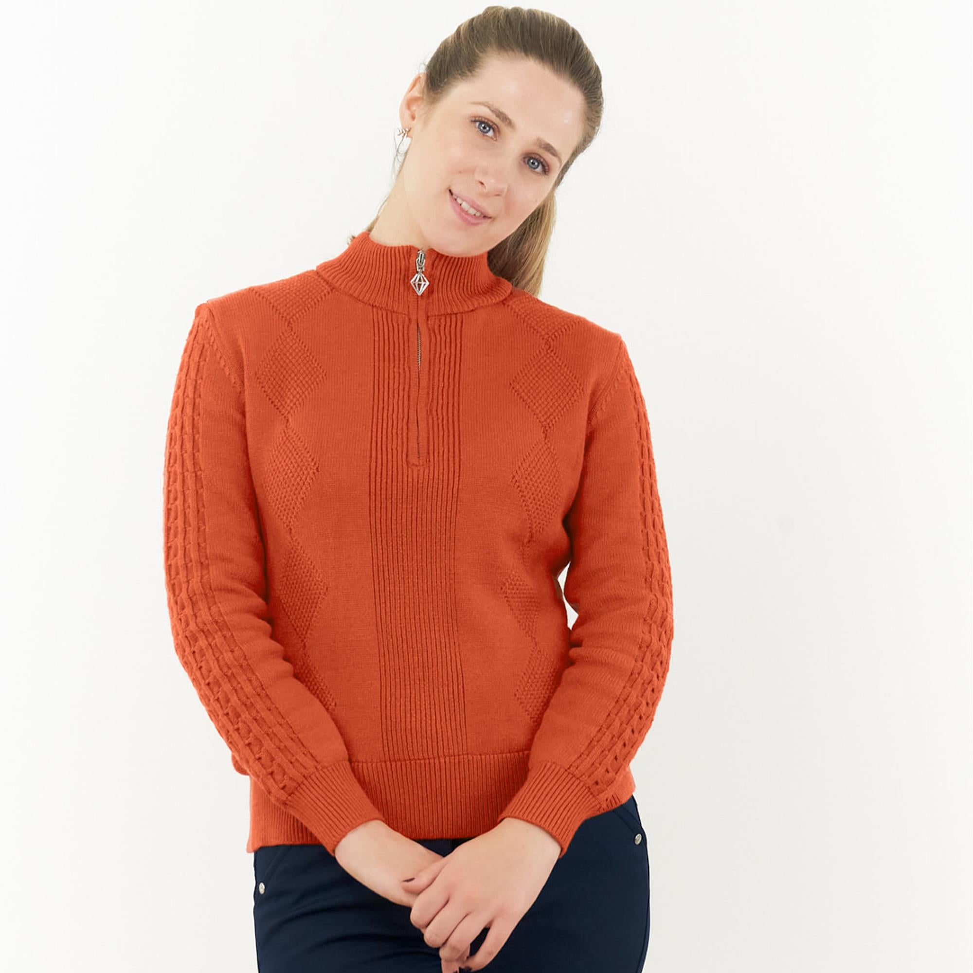 Pure Golf Sorrell Cable Knit Lined Ladies Golf Jumper Ember Orange